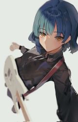 Rule 34 | 1girl, bass guitar, black shirt, blue hair, bocchi the rock!, collared shirt, earrings, from above, highres, instrument, jewelry, long sleeves, mole, mole under eye, music, playing instrument, shirt, short hair, solo, woxinruhuo, yamada ryo, yellow eyes
