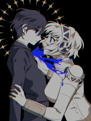 Rule 34 | 1boy, 1girl, aegis (persona), android, arm grab, black background, black jacket, blood, blue blood, blue eyes, chromatic aberration, commentary request, crying, crying with eyes open, elulit2, eye contact, face-to-face, from side, gekkoukan high school uniform, halo behind head, hand on another&#039;s chest, highres, jacket, korean commentary, limited palette, long sleeves, looking at another, persona, persona 3, school uniform, short hair, simple background, tears, yuuki makoto (persona 3)