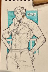Rule 34 | 1boy, cropped legs, fence, graphite (medium), greyscale with colored background, highres, looking ahead, male focus, one piece, pants, pectorals, photo (medium), roronoa zoro, scar, scar across eye, short hair, solo, tentaro en, toned, topless male, traditional media, watercolor pencil (medium), wet, wet hair