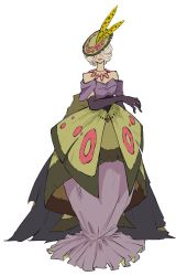 Rule 34 | 1girl, bare shoulders, closed mouth, commentary request, creatures (company), dress, dustox, elbow gloves, frills, game freak, gen 3 pokemon, gloves, green hat, grey hair, hat, hat feather, highres, jewelry, multicolored hair, necklace, nintendo, off-shoulder dress, off shoulder, oimo kenpi, pokemon, purple dress, ring, short hair, simple background, smile, solo, standing, streaked hair, white background