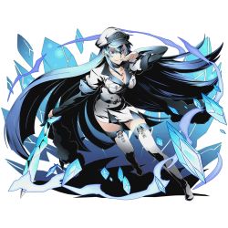 Rule 34 | 10s, 1girl, absurdly long hair, akame ga kill!, alpha transparency, belt, blue eyes, blue hair, boots, breasts, cleavage, collarbone, crystal sword, divine gate, esdeath, full body, grin, hair between eyes, hat, holding, holding sword, holding weapon, ice, long hair, medium breasts, military, military hat, military uniform, official art, pleated skirt, shadow, skirt, smile, solo, sword, tattoo, thigh boots, thighhighs, transparent background, ucmm, uniform, very long hair, weapon, white footwear, white thighhighs