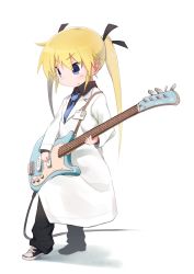 Rule 34 | 1girl, bass guitar, black ribbon, blonde hair, blue eyes, blue necktie, blush, full body, hair ribbon, holding, holding instrument, id card, instrument, kill me baby, lab coat, long hair, looking away, looking down, necktie, okayparium, plectrum, ribbon, solo, sonya (kill me baby), transparent background, twintails