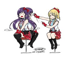 Rule 34 | 2girls, :d, afterimage, ayase eli, black bow, black footwear, black legwear, blonde hair, boots, bow, closed mouth, dated, dot nose, closed eyes, facing viewer, fingerless gloves, gloves, hair ornament, hair scrunchie, hands on lap, long hair, love live!, low twintails, miniskirt, multiple girls, open mouth, pleated skirt, ponytail, purple hair, red gloves, red skirt, scrunchie, signature, simple background, sitting, skirt, smile, spinning, stool, suspender skirt, suspenders, tachibana roku, thighhighs, tojo nozomi, twintails, white background, | |