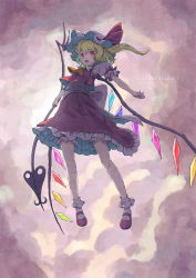 Rule 34 | 1girl, ascot, blonde hair, bloomers, bow, character name, cloud, cloudy sky, collared shirt, copyright name, crystal, fangs, flandre scarlet, frilled shirt, frilled shirt collar, frilled skirt, frilled sleeves, frills, hat, hat ribbon, highres, laevatein, medium hair, mob cap, open mouth, puffy short sleeves, puffy sleeves, red bow, red eyes, red ribbon, red skirt, red vest, ribbon, ribbon-trimmed sleeves, ribbon trim, satyuas, shirt, short sleeves, side ponytail, skirt, skirt set, sky, solo, touhou, underwear, vest, white shirt, wings, yellow ascot