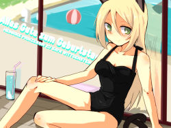 Rule 34 | 1girl, against glass, animal ears, ball, beachball, black one-piece swimsuit, blonde hair, blush, breasts, cat ears, cat tail, character name, cleavage, collarbone, cup, drink, drinking straw, german text, glass, green eyes, hand on own knee, heinrike prinzessin zu sayn-wittgenstein, indoors, kiko (strategist), long hair, noble witches, one-piece swimsuit, pool, sitting, small breasts, smile, solo, strike witches, swimsuit, tail, text focus, translated, water, world witches series
