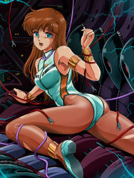 Rule 34 | 1girl, anklet, arm support, arm up, armpits, ass, bad id, bad pixiv id, blue eyes, bracer, breasts, brown hair, cable, dangaiou, electricity, entangled, from behind, jewelry, leotard, long hair, looking back, lying, machinery, mia alice, on stomach, open mouth, pantyhose, shoes, sleeveless, solo, spread legs, tamanegiinyo, torn clothes, torn pantyhose, wire