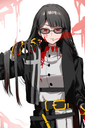 1girl absurdres belt black_belt black_coat black_gloves black_hair black_skirt blood blood_on_clothes blood_on_face cigarette closed_mouth coat contempt_awe_(e.g.o) cowboy_shot e.g.o_(project_moon) gloves hand_up heart_skzo highres limbus_company long_hair long_sleeves looking_at_viewer project_moon red_eyes ryoshu_(project_moon) shirt sidelocks skirt smile smoke smoking solo sunglasses very_long_hair white_shirt