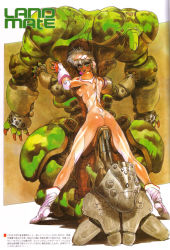 Rule 34 | 1980s (style), 1girl, appleseed, ass, boots, breasts, brown hair, deunan knute, gloves, green eyes, highres, intron depot, mecha, no bra, no panties, oldschool, retro artstyle, robot, sexually suggestive, shirou masamune, sideboob, smile, topless