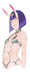 Rule 34 | 1girl, a ichiro, bad id, bad pixiv id, blunt bangs, bob cut, breasts, cowboy shot, eyeliner, fate/grand order, fate (series), horns, makeup, navel, oni, parted lips, pink eyes, purple hair, revealing clothes, short hair, shuten douji (fate), simple background, skin-covered horns, small breasts, solo, white background