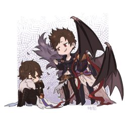 Rule 34 | 1boy, ahoge, armor, bat wings, belial (granblue fantasy), belt, boots, brown hair, cape, chibi, commentary, commentary request, decapitation, disembodied head, elbow gloves, evil grin, evil smile, feather boa, fingerless gloves, gloves, granblue fantasy, grin, gucha (netsu), high heel boots, high heels, holding hands, holding head, hood, hood down, lucifer (shingeki no bahamut), male focus, messy hair, midriff, patterned background, red eyes, red ribbon, ribbon, sandalphon (granblue fantasy), severed head, short hair, smile, smug, spoilers, white cape, white hair, wings