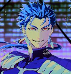 Rule 34 | 1boy, armor, blue hair, bright pupils, cu chulainn (fate), cu chulainn (fate/stay night), earrings, fate/stay night, fate (series), furrowed brow, grin, jewelry, light particles, long hair, male focus, pauldrons, ponytail, portrait, red eyes, sbdugite, shoulder armor, smile, solo, spiked hair, teeth, upper body, white pupils