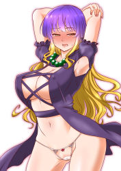 Rule 34 | 1girl, arms up, blush, bow, bow panties, breasts, cape, cleavage, cleft of venus, commentary request, covered erect nipples, cowboy shot, embarrassed, gradient hair, highres, hijiri byakuren, jewelry, large breasts, long hair, looking to the side, multicolored hair, navel, necklace, no bra, no pants, open mouth, panties, pearl necklace, perky breasts, puffy short sleeves, puffy sleeves, pussy, pussy peek, shiraue yuu, short sleeves, simple background, solo, sweatdrop, touhou, underwear, white background