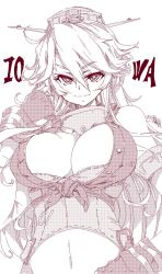 Rule 34 | 10s, 1girl, breasts, character name, elbow gloves, eyebrows, fingerless gloves, front-tie top, gloves, hair between eyes, halftone, iowa (kancolle), kantai collection, kugimiya atsuki, large breasts, long hair, monochrome, navel, smile, solo, star-shaped pupils, star (symbol), symbol-shaped pupils, upper body