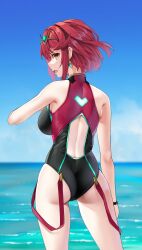 Rule 34 | 1girl, ass, bare shoulders, black one-piece swimsuit, blush, breasts, competition swimsuit, highleg, highres, jewelry, large breasts, looking at viewer, matrix16, one-piece swimsuit, pyra (pro swimmer) (xenoblade), pyra (xenoblade), red eyes, red hair, red one-piece swimsuit, short hair, solo, swept bangs, swimsuit, thighs, tiara, two-tone swimsuit, xenoblade chronicles (series), xenoblade chronicles 2