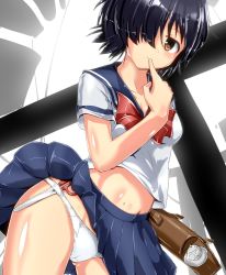 Rule 34 | 1girl, bag, black hair, briefcase, brown eyes, finger to mouth, groin, hair over one eye, holding, naka (cheeseyeast), nazo no kanojo x, object in clothes, object in panties, panties, pantyshot, school bag, school briefcase, school uniform, scissors, skirt, solo, underwear, upskirt, urabe mikoto, white panties