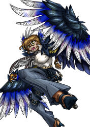 Rule 34 | 1girl, absurdres, animal ears, animal hands, belt, bird ears, black feathers, black wings, blue feathers, blue wings, braid, breasts, brown hair, claws, commentary request, feathers, hair between eyes, harpy, highres, large breasts, long hair, monster girl, open mouth, original, oyluser0715, pants, scarf, shirt, solo, two-tone scarf, two-tone wings, white shirt, wings, yellow eyes