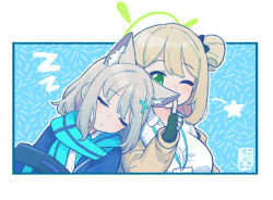 Rule 34 | 2girls, animal ear fluff, animal ears, behind another, blazer, blue archive, blue background, blue scarf, border, bow, breasts, closed eyes, closed mouth, cross hair ornament, finger to mouth, fingerless gloves, gloves, green eyes, green gloves, hair bow, hair ornament, hair rings, halo, jacket, junsuina fujunbutsu, lanyard, large breasts, leaning on person, light blush, light brown hair, looking at viewer, medium hair, multiple girls, nonomi (blue archive), one eye closed, open clothes, open collar, open jacket, scarf, shiroko (blue archive), shirt, shushing, simple background, sleeping, star (symbol), swept bangs, white shirt, wolf ears, zzz