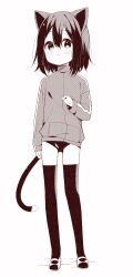 Rule 34 | 1girl, absurdres, animal ears, blush, buruma, cat ears, cat girl, cat tail, child, full body, hair between eyes, highres, jacket, long sleeves, looking at viewer, meito (maze), monochrome, original, parted lips, revealing clothes, shoes, simple background, sleeves past wrists, solo, standing, tail, thighhighs, track jacket, uwabaki, white background