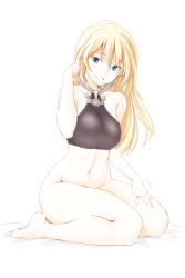 Rule 34 | 1girl, anchor, barefoot, bed sheet, bismarck (kancolle), black sports bra, blonde hair, blue eyes, bottomless, full body, hand in own hair, highres, kantai collection, long hair, looking at viewer, navel, on bed, open mouth, sasaki akira (ugc), simple background, sitting, smile, solo, sports bra, underwear, underwear only, wariza, white background