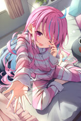 Rule 34 | 1girl, ahoge, barefoot, bed, blue hair, blue nails, blush, curtains, drill hair, feet, from above, hair behind ear, hand up, highres, hololive, long hair, long sleeves, looking at viewer, looking up, minato aqua, multicolored hair, nail polish, neko (minato aqua), on bed, one eye closed, open mouth, outstretched hand, pajamas, pink eyes, pink hair, plant, potted plant, rubbing eyes, sitting, solo, streaked hair, summer tail720, tearing up, toes, twin drills, two-tone hair, very long hair, virtual youtuber, waking up, wavy mouth, window, yokozuwari