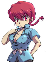 Rule 34 | 1girl, biifun, braid, breasts, chinese clothes, cleavage, exhibitionism, gender request, genderswap, nipples, no bra, public indecency, ranma-chan, ranma 1/2, red eyes, red hair, saotome ranma, simple background, single braid, solo, tangzhuang, upper body, white background