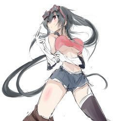Rule 34 | 10s, 1girl, adjusting clothes, adjusting gloves, alternate costume, black hair, breasts, denim, denim shorts, from below, glove pull, gloves, kantai collection, large breasts, long hair, looking afar, md5 mismatch, nao (qqqbb), ponytail, purple eyes, red eyes, resized, resolution mismatch, shorts, sidelocks, simple background, single thighhigh, sketch, solo, source larger, sunglasses, sunglasses on head, thighhighs, underboob, very long hair, white background, white gloves, yahagi (kancolle)