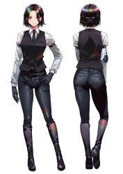 Rule 34 | 1girl, ass, back, black footwear, black gloves, black hair, black necktie, blouse, boots, breasts, closed mouth, collared shirt, commentary request, commission, denim, formal, gloves, half updo, highres, ice reizou, jeans, knee boots, long sleeves, looking at viewer, mole, mole under eye, mole under mouth, multiple views, necktie, original, pants, pants tucked in, pantylines, red eyes, shirt, short hair, simple background, smile, solo, standing, suit, tight clothes, tight pants, turnaround, vest, waistcoat, white background, white shirt