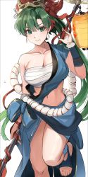 Rule 34 | 1girl, bare shoulders, blush, breasts, cleavage, collarbone, fire emblem, fire emblem: the blazing blade, fire emblem heroes, green eyes, green hair, highres, large breasts, long hair, looking at viewer, lyn (fire emblem), navel, nintendo, ormille, ponytail, smile, solo, thighhighs, thighs, very long hair, white background