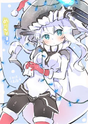 Rule 34 | 10s, 1girl, bag, blue eyes, blush, boots, christmas lights, dated, gloves, hat, kantai collection, red gloves, santa boots, santa gloves, santa hat, snow, sodapop (iemaki), solo, white hair, wo-class aircraft carrier