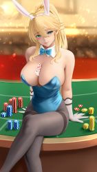 Rule 34 | 1girl, ahoge, animal ears, artoria pendragon (fate), artoria pendragon (lancer) (fate), asuna (blue archive), asuna (bunny) (blue archive), asuna (bunny) (blue archive) (cosplay), bare shoulders, between breasts, black pantyhose, blonde hair, blue archive, blue bow, blue bowtie, blue eyes, blue leotard, blush, bow, bowtie, breasts, cleavage, closed mouth, commentary request, cosplay, crossed legs, detached collar, elbow gloves, fake animal ears, fate/grand order, fate (series), feet out of frame, gloves, hair between eyes, hairband, highres, large breasts, leotard, light particles, long hair, looking at viewer, pantyhose, playboy bunny, poker chip, poker table, ponytail, profile, rabbit ears, sidelocks, sitting, smile, solo, strapless, strapless leotard, table, thighband pantyhose, very long hair, white gloves, white hairband, yamaneko (tkdrumsco)