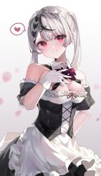 Rule 34 | 1girl, apron, bare shoulders, gloves, grey hair, hand on own chest, highres, hololive, lei (knfz7274), maid apron, red eyes, sakamata chloe, solo, virtual youtuber, white gloves