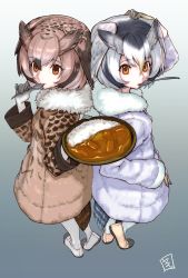 Rule 34 | 10s, 2girls, artist logo, back-to-back, blonde hair, brown coat, brown eyes, brown hair, coat, curry, curry rice, eurasian eagle owl (kemono friends), food, fur collar, gloves, gradient background, grey hair, hair between eyes, hand on own head, head wings, highres, holding, holding plate, holding spoon, kemono friends, long sleeves, looking at viewer, mouth hold, multicolored hair, multiple girls, northern white-faced owl (kemono friends), orange eyes, plate, rice, shiba itsuki, short hair, spoon, utensil in mouth, white gloves, white hair, wings, yellow gloves
