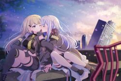 Rule 34 | 2girls, ;), arm at side, armband, assault lily, belt, black coat, black footwear, black gloves, black shirt, black shorts, black thighhighs, blonde hair, blue sky, blunt bangs, blurry, blurry background, blurry foreground, blush, boots, bow, bowtie, braid, breasts, building, closed eyes, closed mouth, cloud, coat, collared shirt, commentary request, commission, crop top, evening, face-to-face, facing another, fingerless gloves, gloves, grey hair, grey shirt, hair ornament, hair ribbon, hairclip, hand on another&#039;s shoulder, hand on own thigh, hand up, high collar, highres, holding hands, imminent kiss, jewelry, knees up, kon kanaho, leaning to the side, light particles, long hair, long sleeves, looking at another, medium breasts, midriff, miyagawa takane, morugen, multiple girls, navel, necktie, nose blush, o-ring, o-ring belt, official alternate costume, one eye closed, open clothes, open coat, outdoors, pink belt, pink ribbon, profile, purple eyes, railing, ribbon, ring, ruins, shirt, shorts, side-by-side, side braid, sitting, skeb commission, sky, skyscraper, smile, sparkle, thigh strap, thighhighs, very long hair, waist cape, white thighhighs, yellow bow, yellow bowtie, yellow necktie, yuri