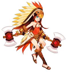 Rule 34 | 1girl, absurdres, aqua eyes, axe, detached collar, dream drops, dual wielding, fingerless gloves, fringe trim, full body, gloves, headdress, highres, holding, holding axe, looking at viewer, native american headdress, official art, open mouth, sandals, simple background, solo, tribal, white background