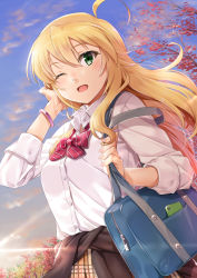 Rule 34 | 1girl, ahoge, bag, blonde hair, clothes around waist, diffraction spikes, green eyes, hoshii miki, idolmaster, idolmaster (classic), lens flare, long hair, miri (ago550421), one eye closed, open mouth, school uniform, smile, solo, sweater, sweater around waist