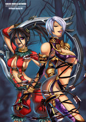 Rule 34 | 2girls, :d, age difference, alternate weapon, arm up, armlet, armor, artist name, ass, bare shoulders, belt, belt skirt, black hair, blue eyes, bracelet, breasts, carlos morilla, chakram, claws, cleavage, cleavage cutout, clothing cutout, cowboy shot, cross-laced clothes, dated, earrings, eiserne drossel (weapon), elbow gloves, eyeshadow, feathers, flower, forest, from side, gauntlets, gem, gloves, groin, hair between eyes, hair over one eye, half-closed eyes, happy, highres, holding, holding weapon, huge weapon, isabella valentine, jewelry, large breasts, leaf, leaning forward, light smile, lips, lipstick, makeup, mascara, mature female, midriff, mole, mole under eye, multiple girls, nature, navel, neck ring, no bra, no panties, o-ring, o-ring top, open mouth, outdoors, pauldrons, pinstripe pattern, purple eyes, purple hair, purple lips, revealing clothes, ring blade, rose, runes, short twintails, shoulder armor, sideboob, silver hair, single gauntlet, skindentation, smile, snakeskin print, soul calibur, soulcalibur, soulcalibur iv, standing, striped, suspenders, sword, tira (soulcalibur), tree, twintails, underboob, underbust, unitard, watermark, weapon, web address, whip, whip sword