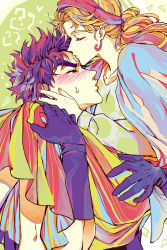 Rule 34 | 1boy, 1girl, ?, bad id, bad pixiv id, battle tendency, blonde hair, blue shawl, blush, carrying, closed eyes, collarbone, couple, facing another, gloves, hairband, hand on another&#039;s face, heart, hetero, highres, husband and wife, jojo no kimyou na bouken, joseph joestar, joseph joestar (young), kiss, kissing forehead, long skirt, long sleeves, medium hair, multicolored clothes, multicolored skirt, nail polish, nigelungdayo, orange nails, patterned clothing, ponytail, princess carry, puckered lips, purple gloves, purple hair, shawl, short hair, skirt, suzi q, sweatdrop