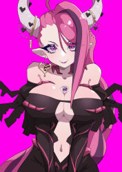 Rule 34 | 1girl, absurdres, breasts, demon girl, demon horns, facing viewer, gaimo jarga, highres, horns, huge breasts, ironmouse, ironmouse (underworld goddess), large breasts, lipstick, looking at viewer, makeup, pink hair, pointy ears, purple background, purple eyes, revealing clothes, smile, virtual youtuber, vshojo