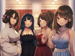 Rule 34 | 4girls, bare shoulders, black dress, black hair, blue dress, blush, braid, breasts, brown eyes, brown hair, butterfly hair ornament, cleavage, closed mouth, collarbone, commentary request, dress, frilled dress, frills, hair ornament, heart, heart necklace, indoors, japanese clothes, jewelry, kimono, large breasts, lips, long hair, looking at viewer, medium breasts, multiple girls, necklace, obi, original, pokachu, ponytail, purple eyes, red dress, red eyes, sash, single braid, sleeveless, sleeveless dress, smile, standing, upper body, white kimono