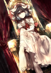 Rule 34 | 1girl, ascot, barefoot, blue hair, brooch, commentary request, crossed arms, crossed legs, curtains, dutch angle, feet, frown, hat, hat ribbon, highres, jewelry, long skirt, looking at viewer, mob cap, puffy short sleeves, puffy sleeves, red ribbon, remilia scarlet, ribbon, sakusyo, short hair, short sleeves, sitting, skirt, skirt set, solo, throne, touhou, wrist cuffs