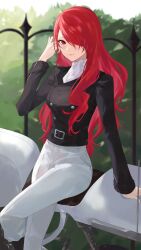 Rule 34 | 1girl, arm up, belt, black shirt, bush, buttons, closed mouth, commentary request, eyelashes, fence, hair over one eye, highres, kirijou mitsuru, konchi (63438789), long hair, outdoors, pants, persona, persona 3, red eyes, red hair, shirt, sitting, smile, solo, white pants