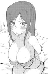 Rule 34 | 1girl, absurdres, araki jeccy, bare shoulders, blush, breasts, cleavage, greyscale, highres, large breasts, long hair, looking at viewer, monochrome, open mouth, sitting, solo