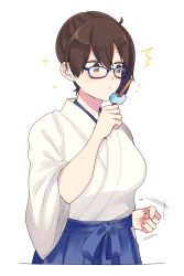 Rule 34 | 1girl, bespectacled, blue-framed eyewear, brown eyes, brown hair, clenched hand, food, glasses, highres, holding, holding food, ice cream, japanese clothes, kaga (kancolle), kantai collection, long hair, side ponytail, simple background, solo, tanaka io (craftstudio), white background