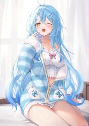 Rule 34 | 1girl, absurdres, ahoge, bare legs, bare shoulders, bed, blue hair, blue jacket, blush, bow, breasts, camisole, cleavage, crossed bangs, curtains, daifuku (yukihana lamy), frills, fuyoyo, hair between eyes, hair intakes, hair ornament, hairpin, highres, hololive, jacket, large breasts, legs together, long hair, looking at viewer, multicolored hair, navel, official alternate costume, official alternate hairstyle, one eye closed, open clothes, open mouth, pajamas, partially unzipped, pocket, revision, sitting, streaked hair, thighs, very long hair, virtual youtuber, white camisole, yawning, yellow eyes, yukihana lamy, yukihana lamy (loungewear), yukimin (yukihana lamy)