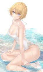 Rule 34 | 1girl, bare arms, bare legs, bare shoulders, blonde hair, blue eyes, braid, breasts, casual one-piece swimsuit, cleavage, collarbone, commentary request, darjeeling (girls und panzer), frilled swimsuit, frills, girls und panzer, hair between eyes, highres, medium breasts, mexif, one-piece swimsuit, parted lips, sandals, shallow water, short hair, sitting, smile, solo, swimsuit, thighs, water, white footwear, white one-piece swimsuit, yokozuwari