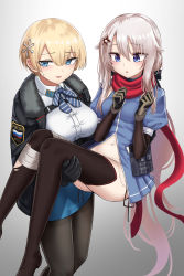 Rule 34 | 2girls, 9a-91 (girls&#039; frontline), blonde hair, blue eyes, blush, bow, bowtie, breasts, carrying, girls&#039; frontline, gloves, hair ornament, hands on own chest, highres, jacket, large breasts, long hair, mole, mole under eye, multiple girls, navel, pantyhose, police, police uniform, princess carry, russian flag, russian text, scarf, short hair, silver hair, small breasts, snowflake hair ornament, star (symbol), star hair ornament, thighhighs, torn clothes, torn legwear, uniform, very long hair, white background, yakob labo