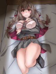 Rule 34 | 1girl, absurdres, akito (sub707), antenna hair, belt, between breasts, black capelet, black dress, blanket, blush, bra, braid, breasts, brown belt, brown hair, capelet, crossed arms, dress, embarrassed, highres, hood, hood down, hooded capelet, indoors, kantai collection, large breasts, lips, long hair, long sleeves, looking at viewer, lying, on bed, pink bra, red ribbon, ribbon, shinshuu maru (kancolle), sweatdrop, tears, twin braids, underwear, wooden floor