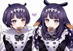 Rule 34 | + +, 2girls, blush, character cookie, cookie, dual persona, food, food in mouth, hair ornament, heart, hololive, hololive english, long hair, long sleeves, mole, mole under eye, multiple girls, ninomae ina&#039;nis, ninomae ina&#039;nis (6th costume), pointy ears, purple eyes, purple hair, short hair, simple background, takodachi (ninomae ina&#039;nis), tentacle hair, upper body, virtual youtuber, white background, yuuyu (777)