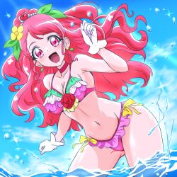 Rule 34 | 1girl, :d, absurdres, alternate costume, bare legs, bikini, blue sky, bow, breasts, choker, cleavage, collarbone, cure grace, day, earrings, flower, frilled bikini, frills, gloves, groin, hair flower, hair ornament, hanadera nodoka, healin&#039; good precure, heart, heart hair ornament, highres, jewelry, long hair, looking at viewer, manga sakuga (precure), medium breasts, navel, open mouth, outdoors, pink bikini, pink hair, ponytail, precure, red choker, red eyes, side-tie bikini bottom, sky, smile, solo, sparkle, summer, sunlight, swimsuit, very long hair, wading, white gloves, yellow bow, yellow flower