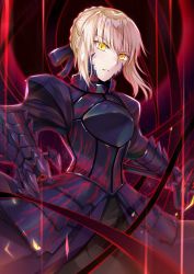 Rule 34 | 1girl, absurdres, armor, armored dress, artoria pendragon (all), artoria pendragon (fate), black armor, black ribbon, blonde hair, breasts, commentary request, cowboy shot, fate/stay night, fate (series), gauntlets, gu li, hair between eyes, hair ribbon, highres, holding, holding sword, holding weapon, looking at viewer, parted lips, ribbon, saber alter, short hair, solo, sword, weapon, yellow eyes